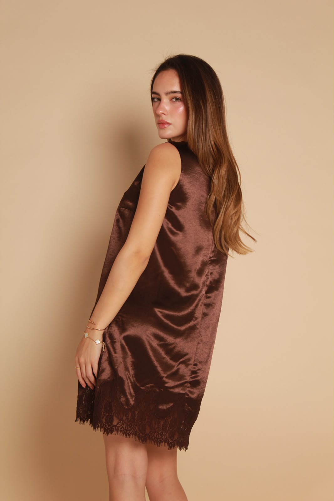 Satin Lace Dress — Chocolate Brown