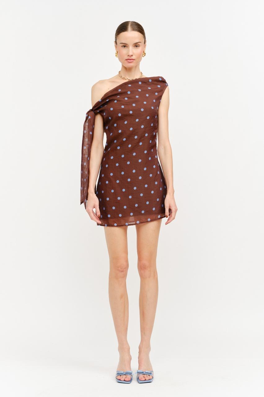Asymmetric Mini Dress — Chocolate Brown & Blue Polka Dots