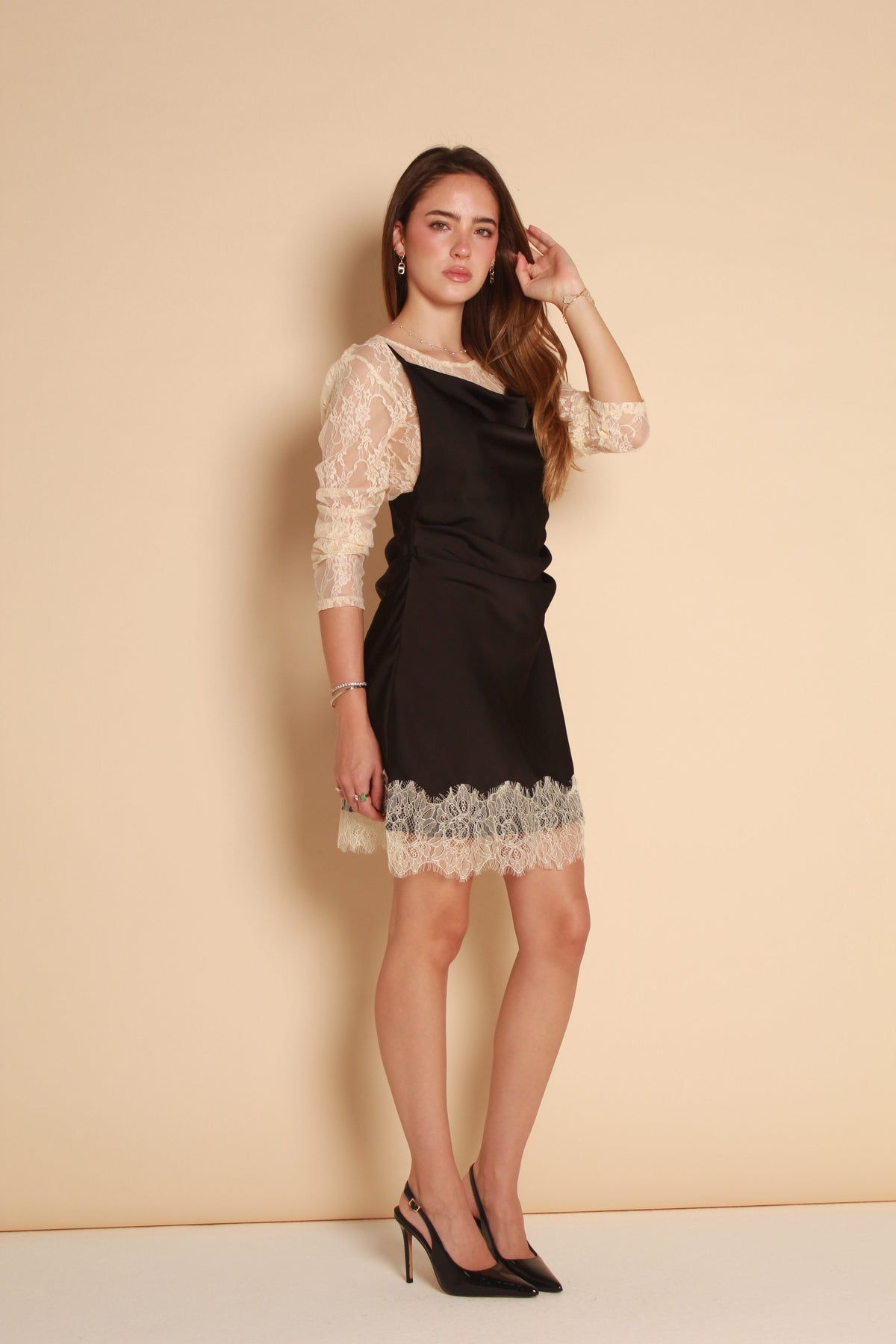 Lace Trim Satin Mini Dress — Black & Ivory