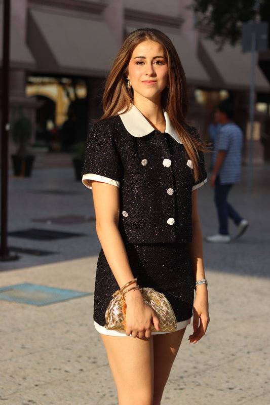 Black Tweed Short-Sleeve Blazer with Shiny Details
