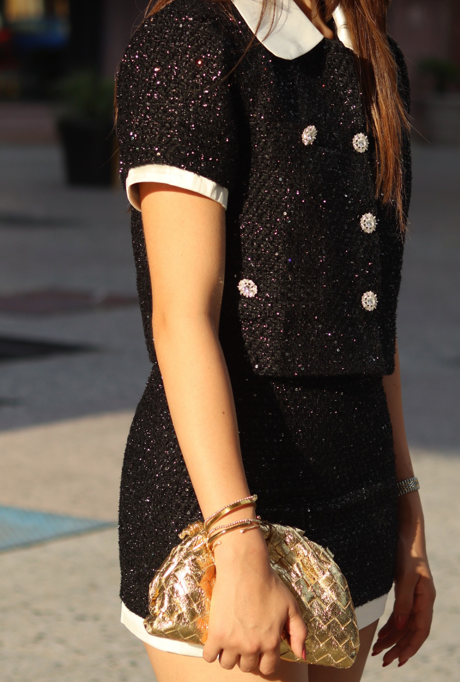 Black Tweed Short-Sleeve Blazer with Shiny Details