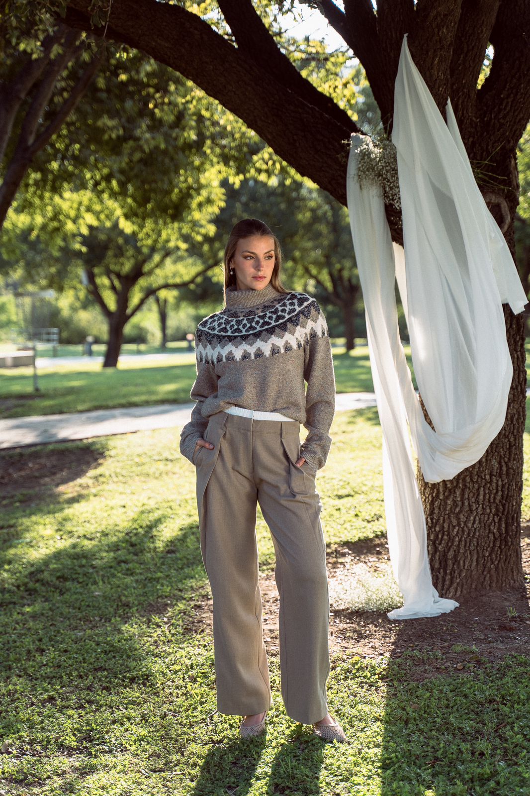 Beige Pants with White Waistband