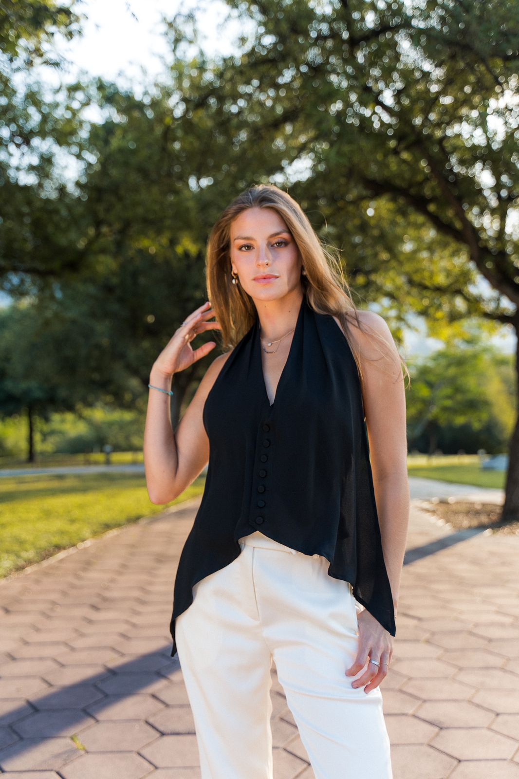 Black Halter Blouse with Beige