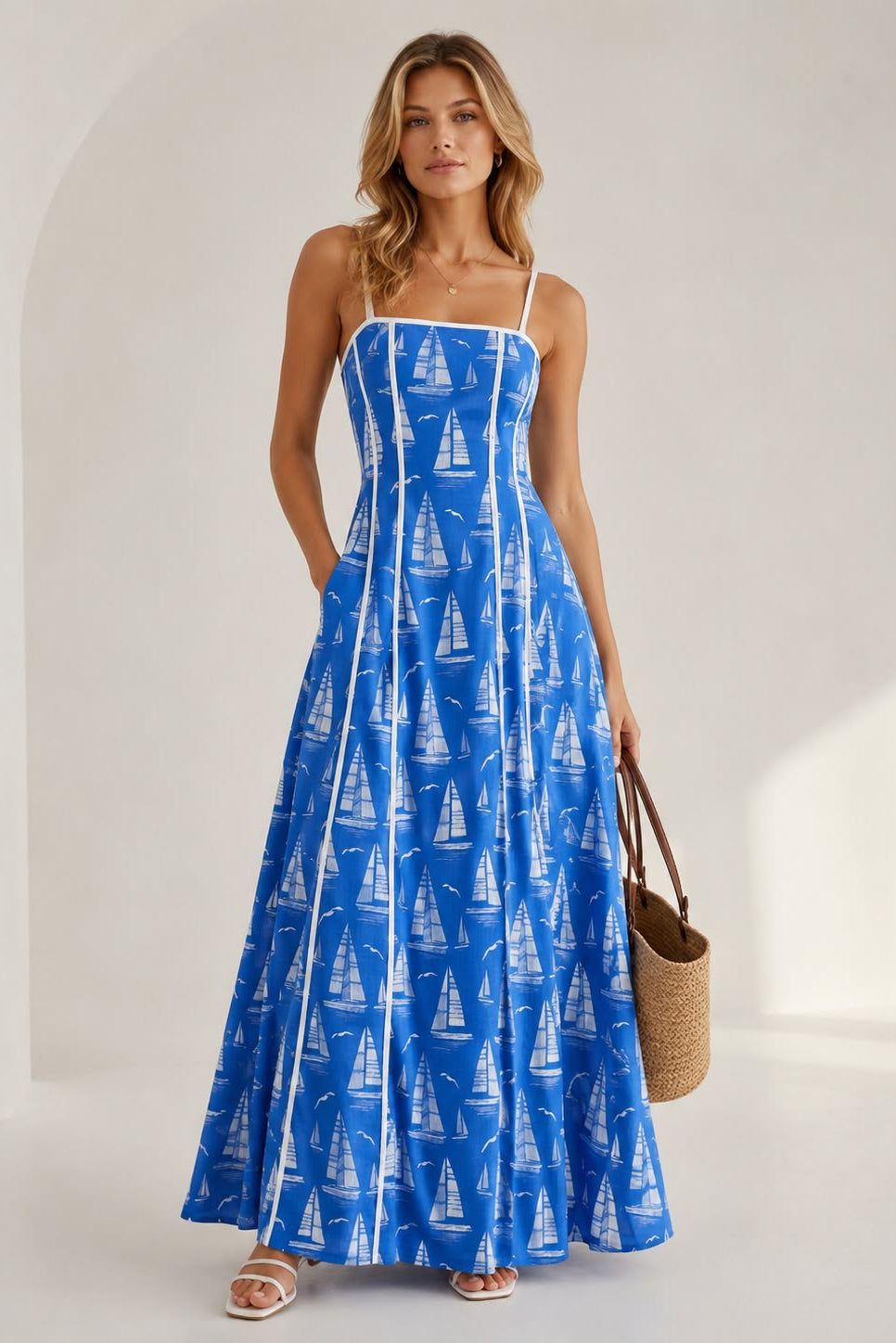 Lagoon Maxi Dress — Blue Sailboat Print