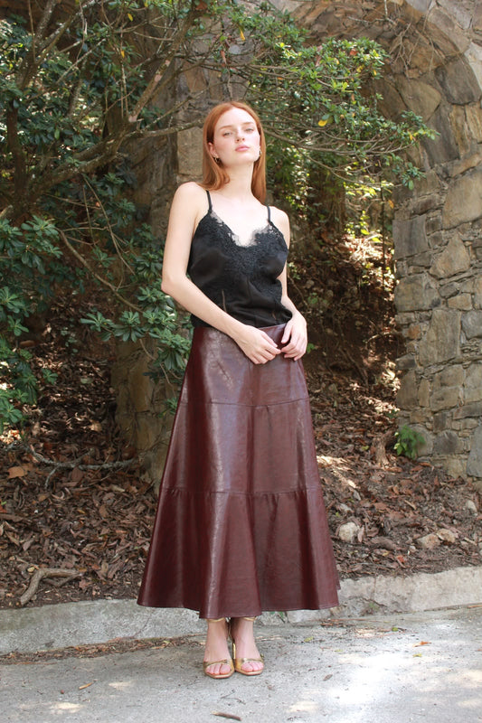 Leather A-Line Skirt — Burgundy