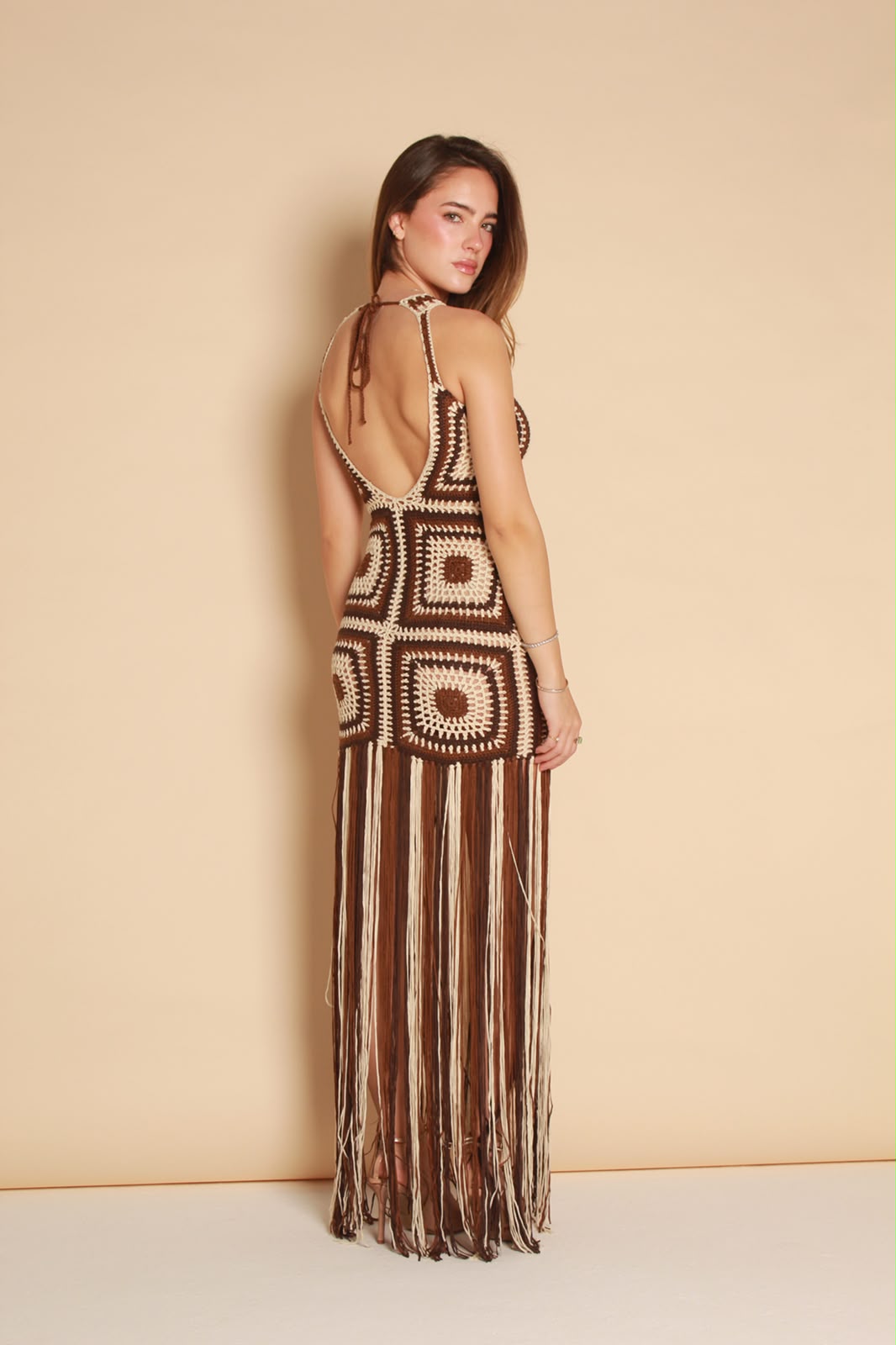 Crochet Fringe Maxi Dress — Chocolate & Ivory