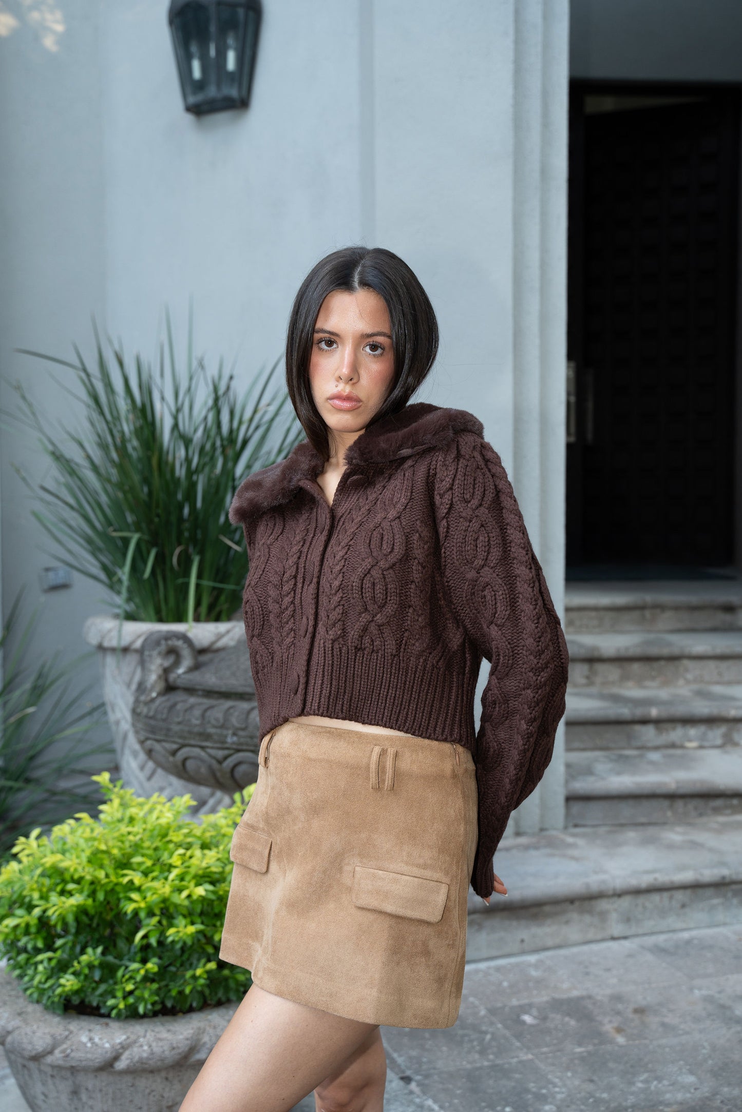 Brown Knit Cardigan with Fur Collar