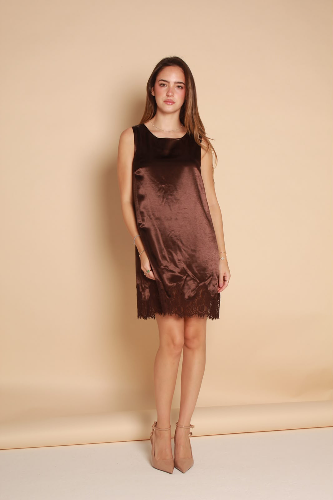 Satin Lace Dress — Chocolate Brown