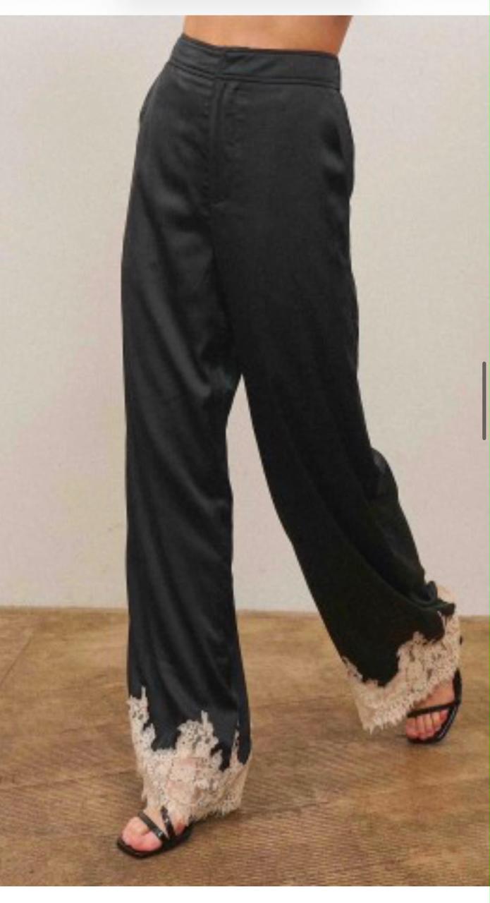 Camille Satin Lace Hem Pants — Black & Ivory