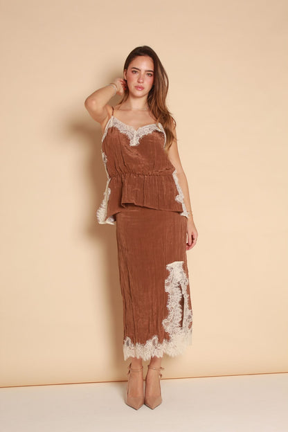 Luna Lace Midi Skirt — Camel & Dark Blue