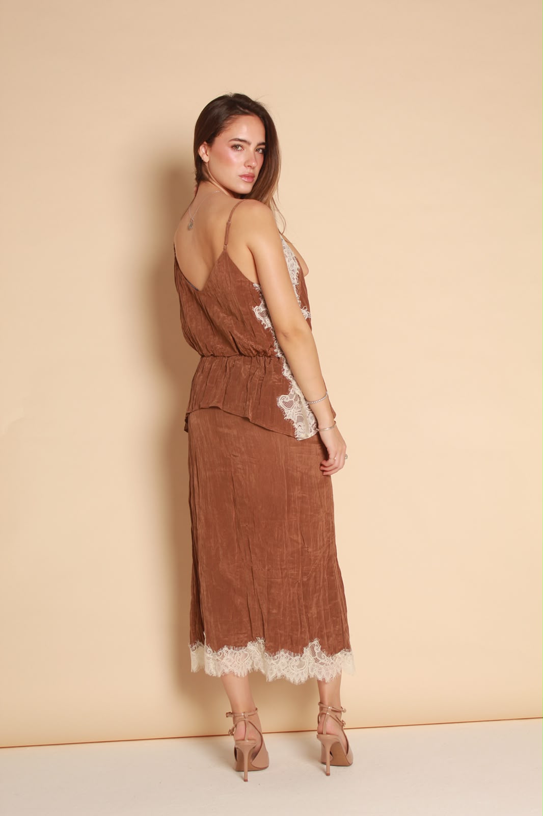 Luna Lace Midi Skirt — Camel & Dark Blue