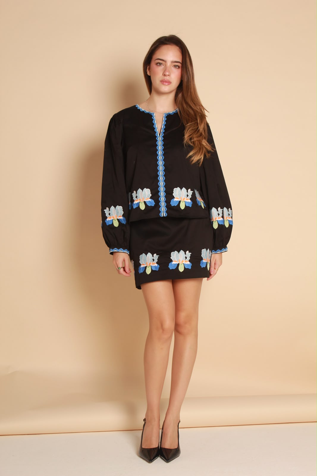 Amara Embroidered Blouse — Black & Blue Floral