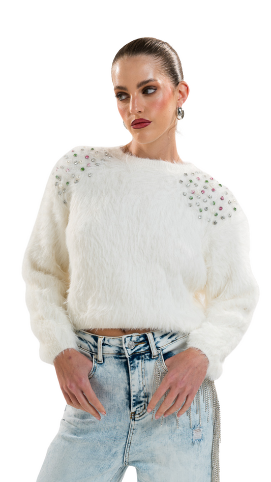 Color Rhinestone Fuzzy Sweater