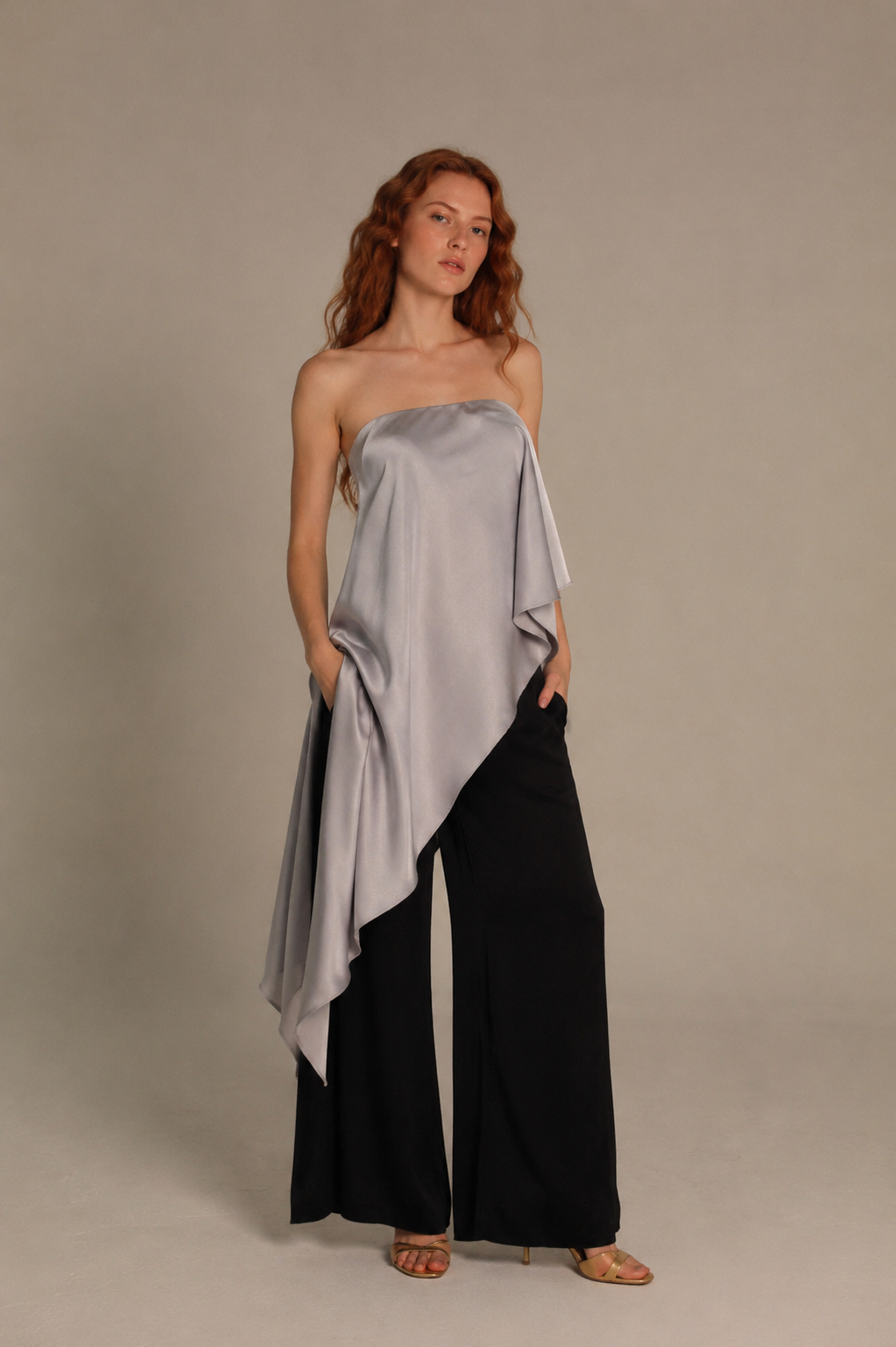 Marlowe Satin Strapless Top — Silver Grey Draped