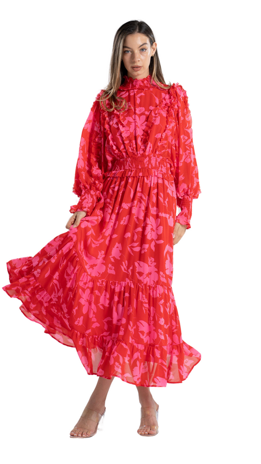 RED BLOSSOM RUFFLE DRESS