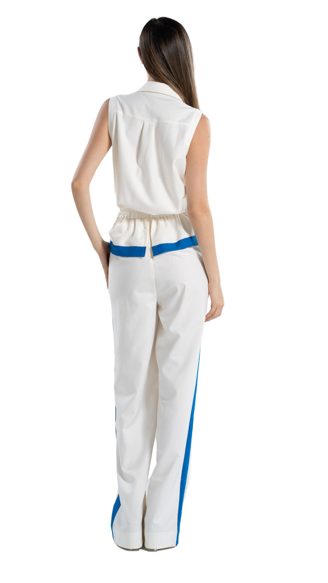 WHITE PANTS WITH A BLUE STRIPE