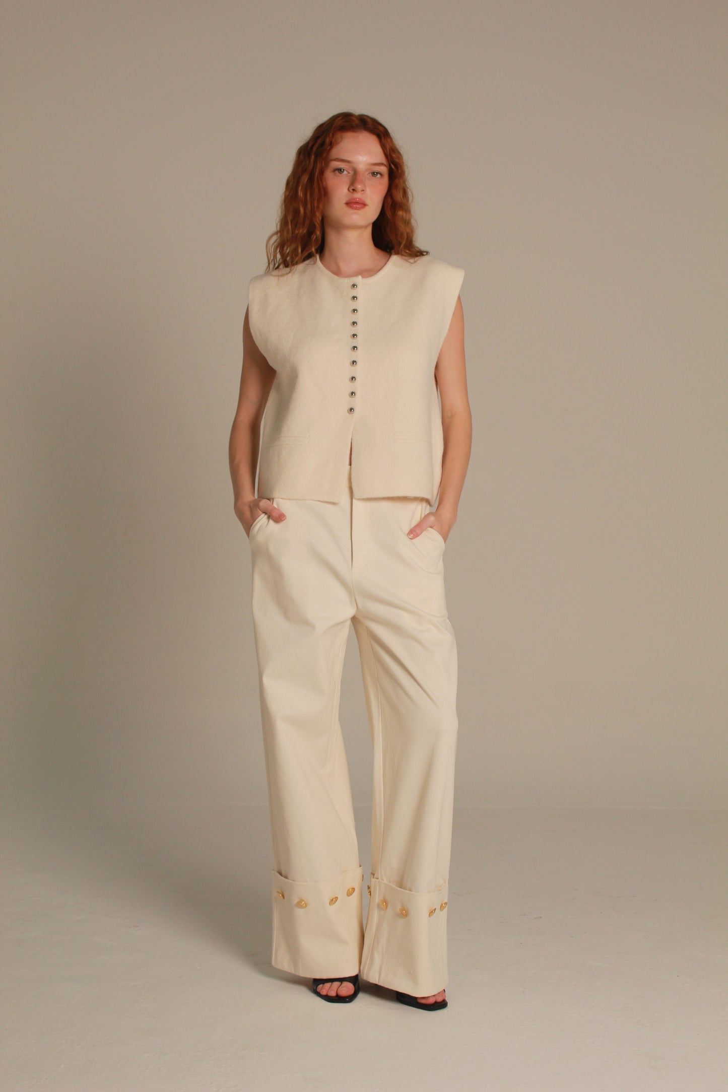 Noir Wide Leg Pants — Gold Button Cuff