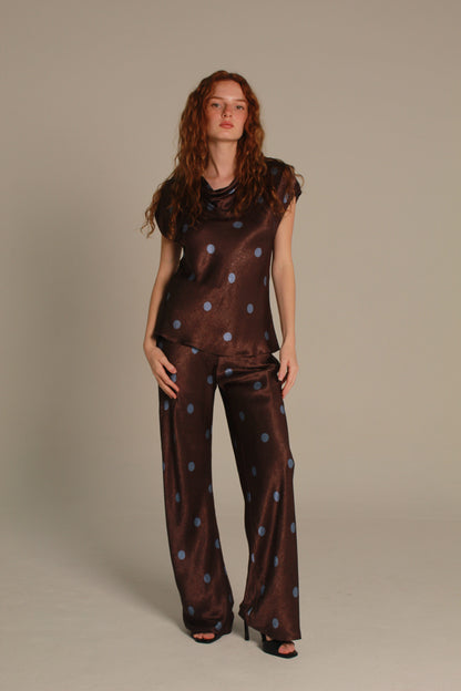 Café Satin Top — Chocolate & Blue Polka Dot