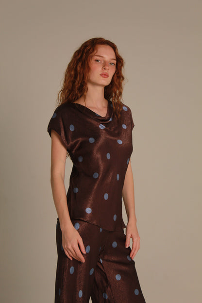 Café Satin Top — Chocolate & Blue Polka Dot
