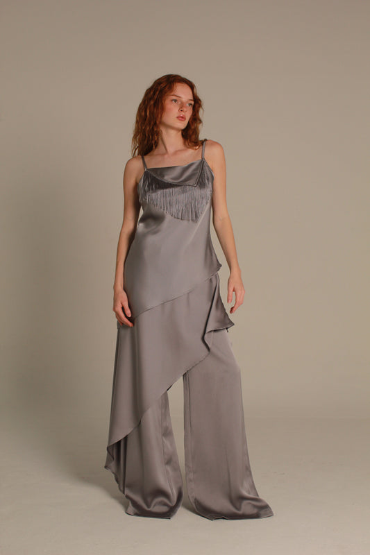 Marlowe Satin Pants — Silver Grey Fringe