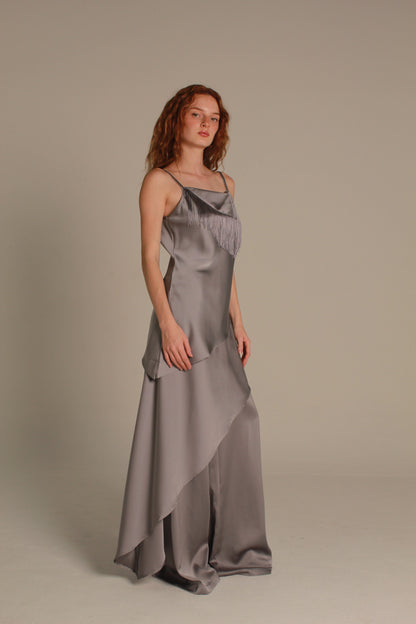 Marlowe Satin Pants — Silver Grey Fringe
