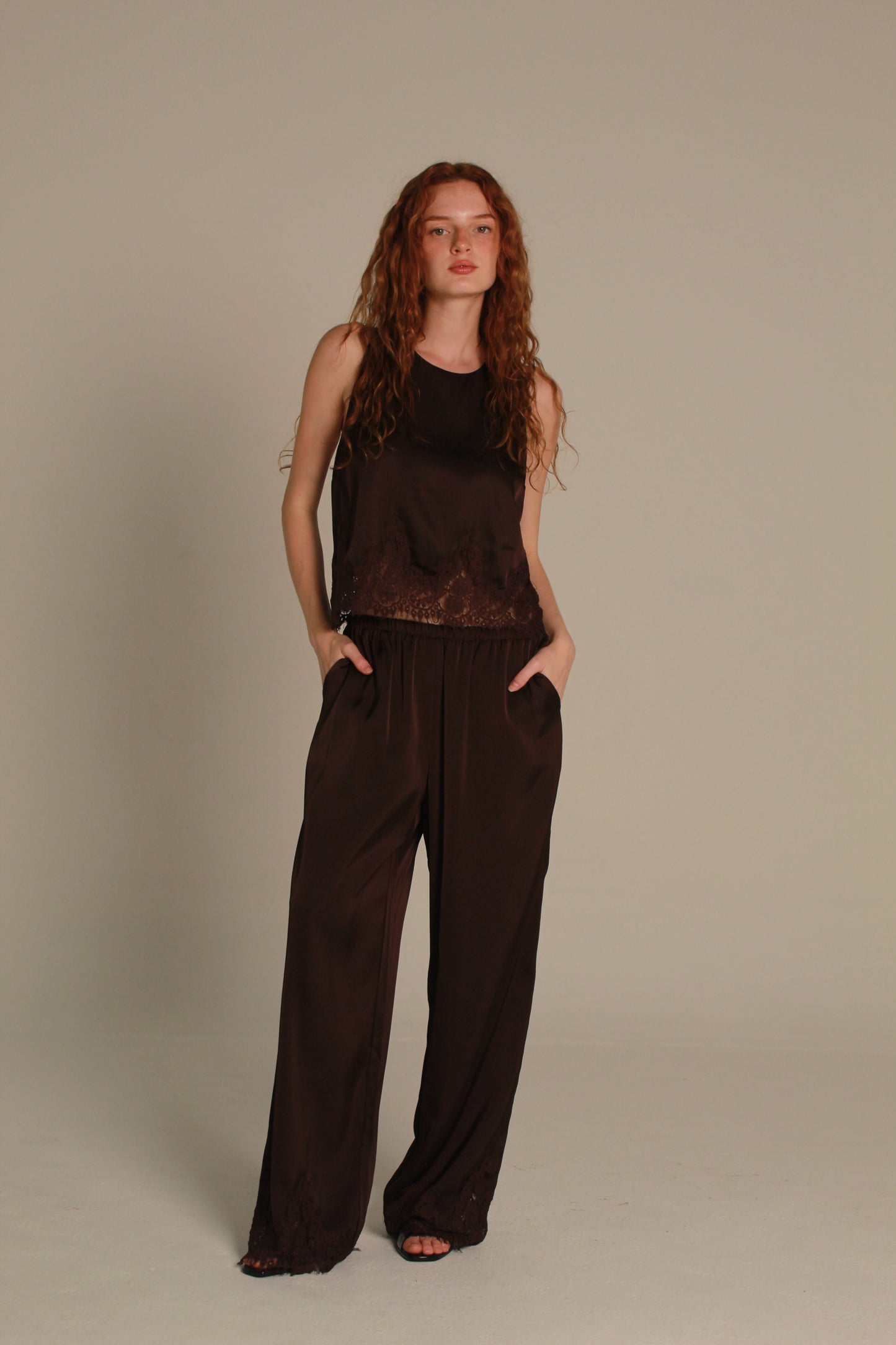Satin lace mocha top