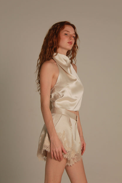 Désir Satin Top — Champagne Draped Neck