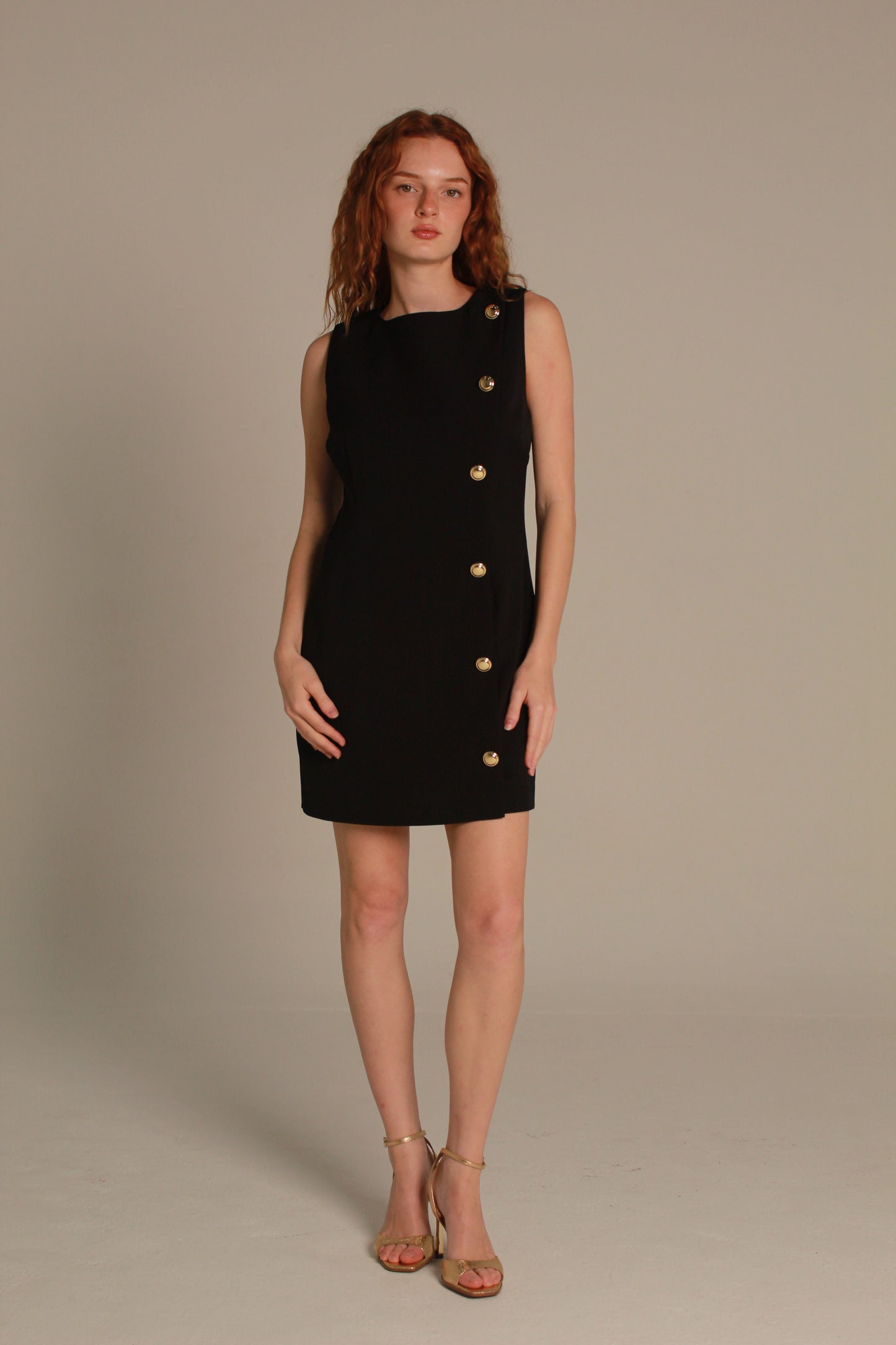 Côte Mini Dress — Black with Gold Button Detail