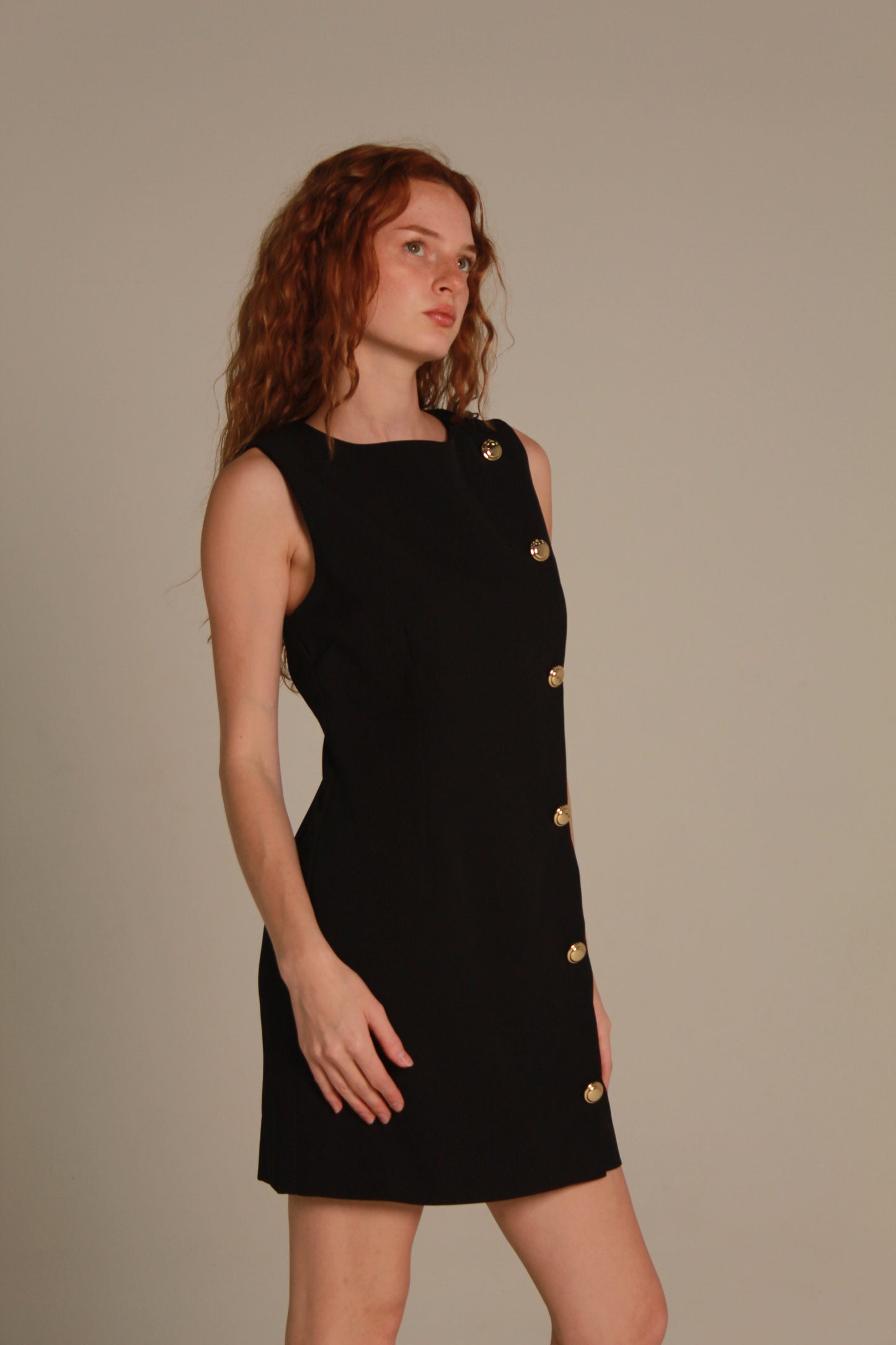 Côte Mini Dress — Black with Gold Button Detail