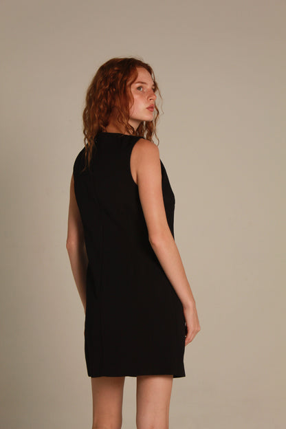 Côte Mini Dress — Black with Gold Button Detail