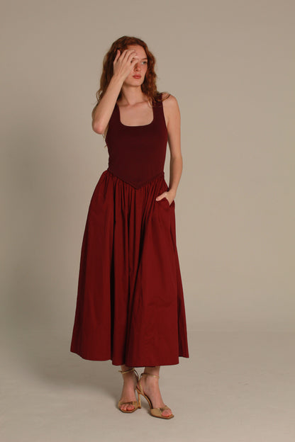 Merlot Midi Dress — Deep Burgundy