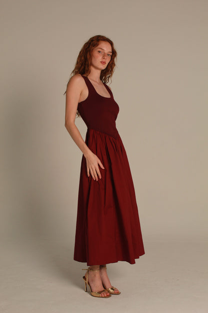 Basque-Waist Mixed-Media Midi Dress