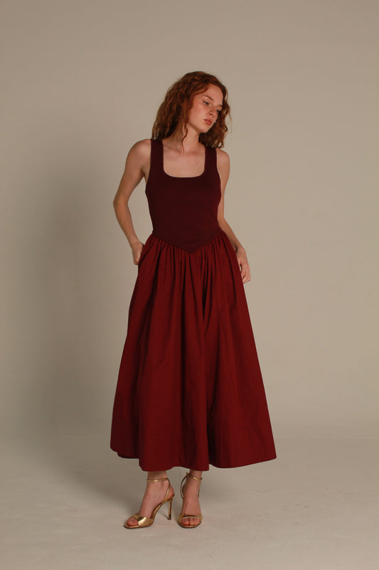 Merlot Midi Dress — Deep Burgundy