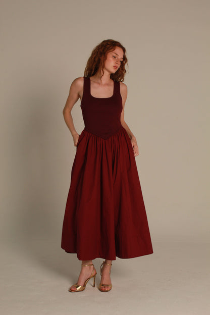 Basque-Waist Mixed-Media Midi Dress