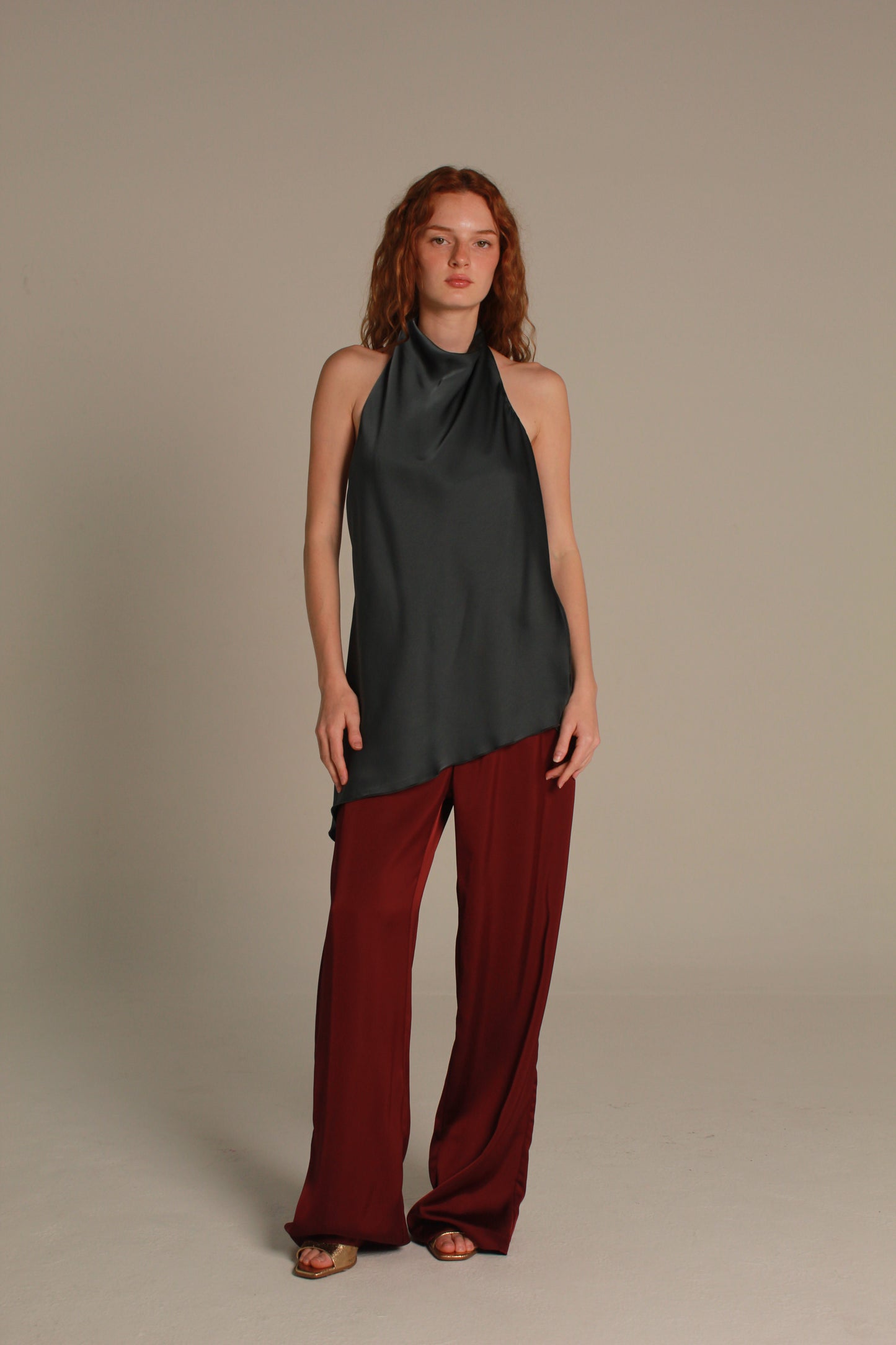 Élan Satin Top — Burgundy Draped Neck
