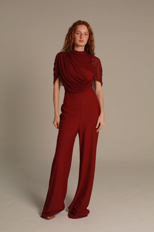 Rouge Jumpsuit — Burgundy Draped Overlay