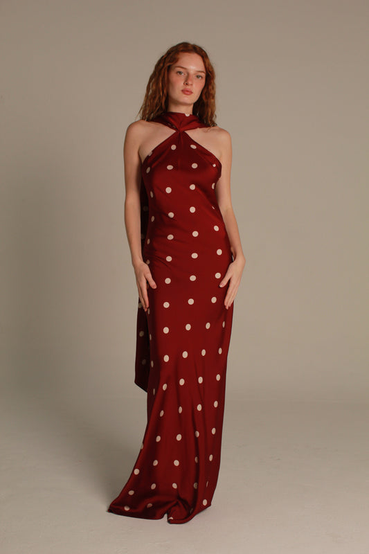 Colette Maxi Dress — Burgundy Polka Dot