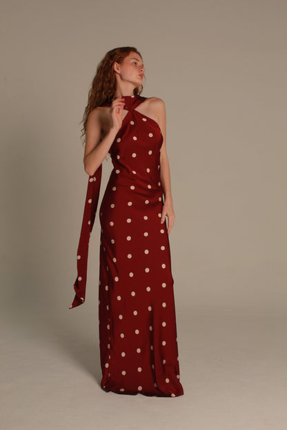 Colette Maxi Dress — Burgundy Polka Dot