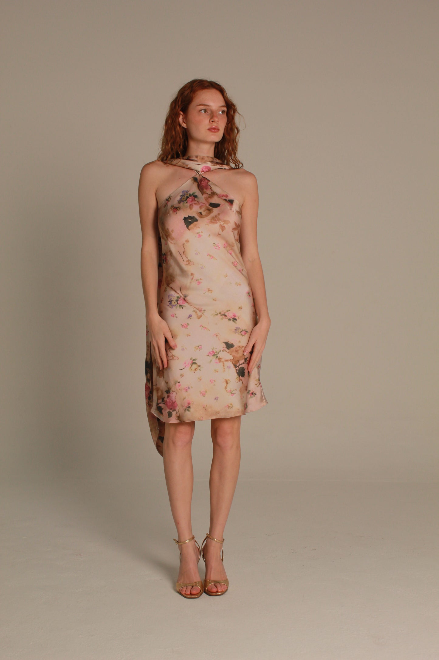 Rosalie Mini Dress — Blush Halter Floral Satin