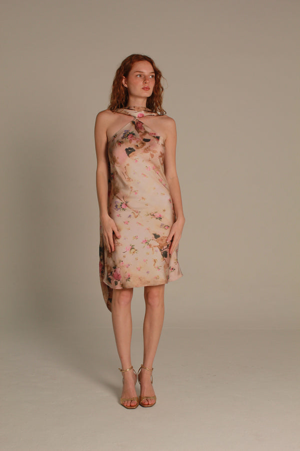 Rosalie Mini Dress — Blush Halter Floral Satin
