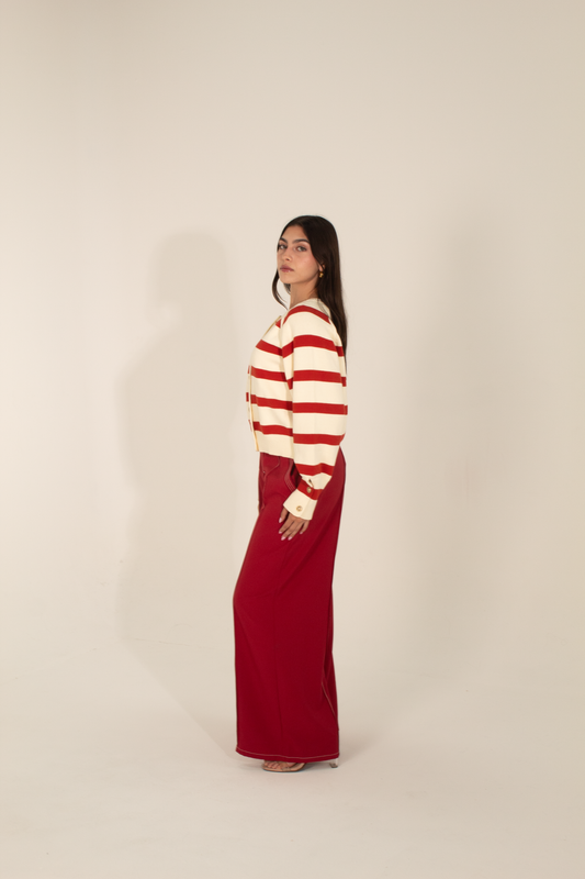 Red Wide-Leg Pants with Contrast Stitching