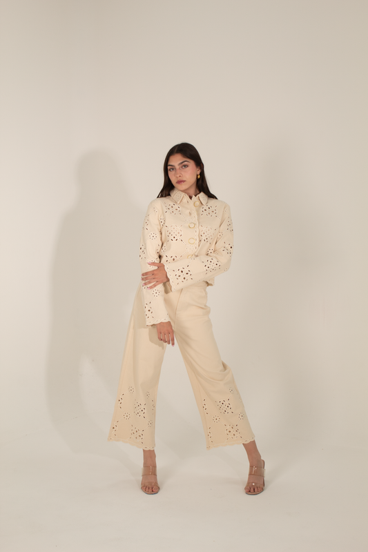 Beige Pants with Guipure Lace