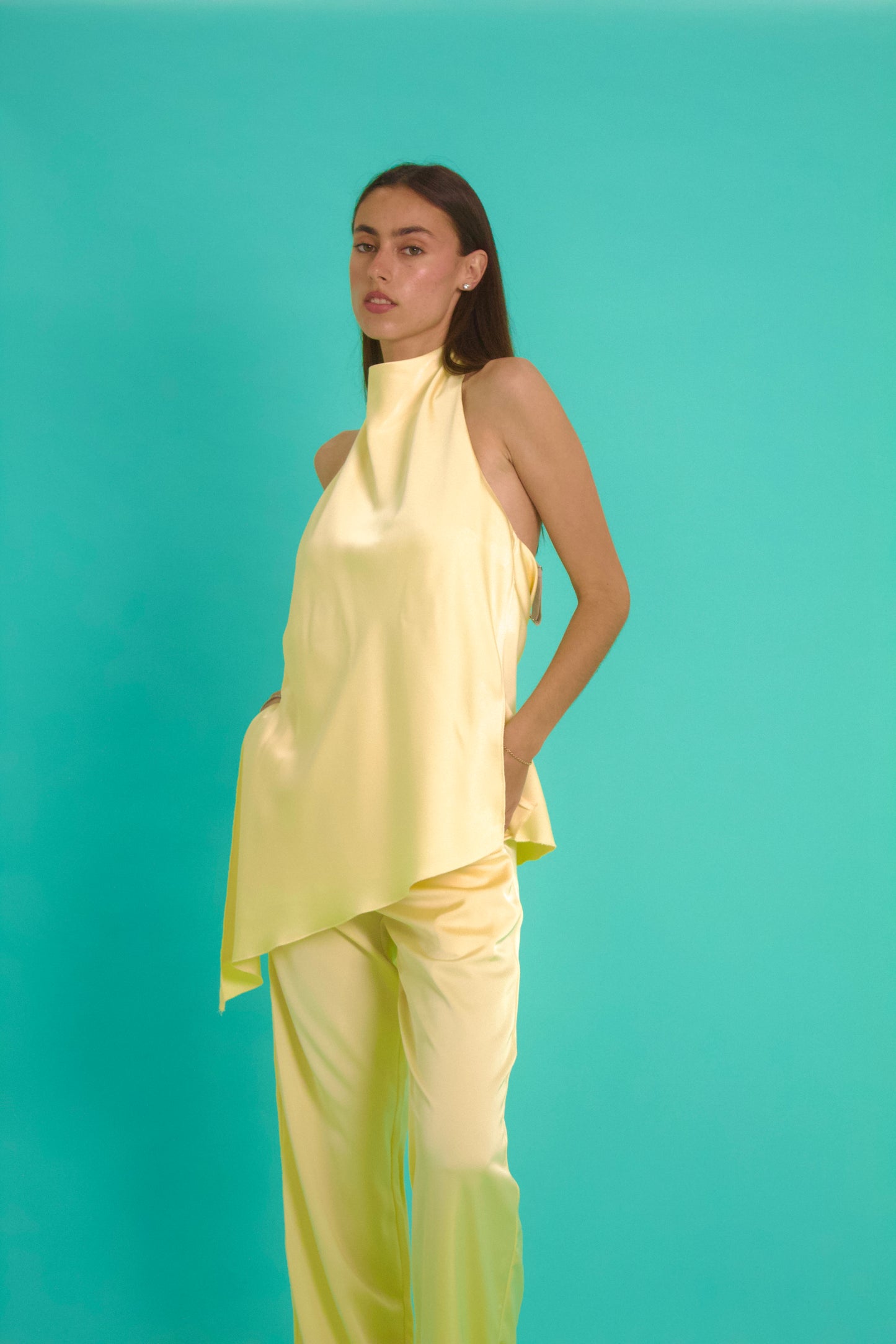 asymetric halter satin set