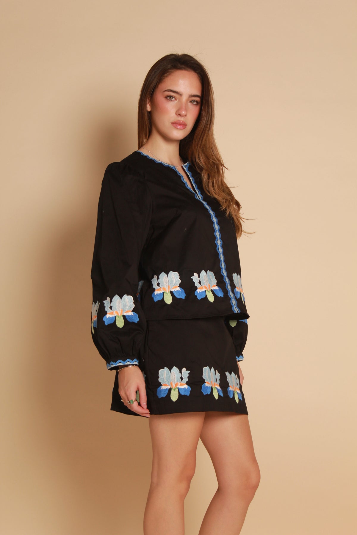 Embroidered Skirt — Black & Blue Floral