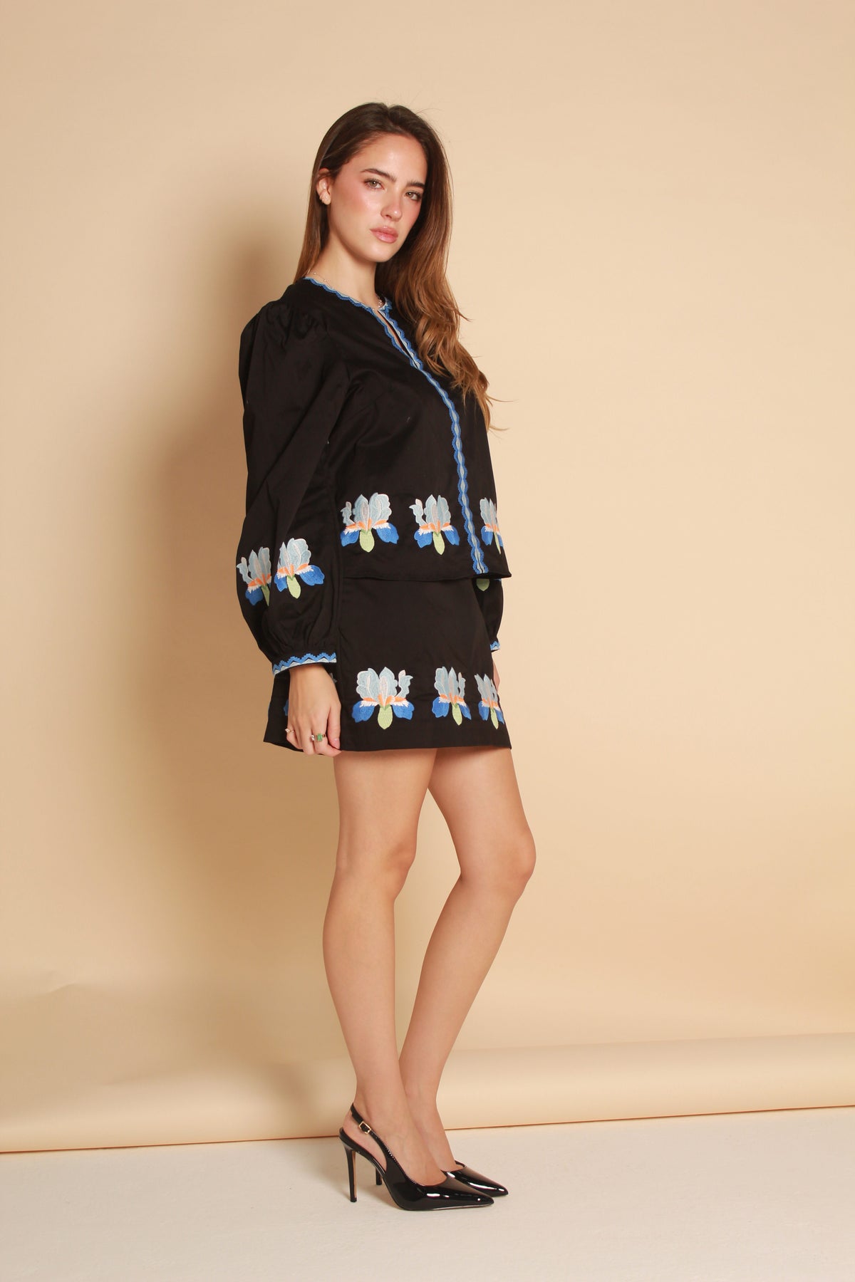 Embroidered Skirt — Black & Blue Floral