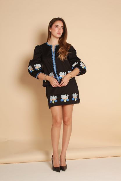 Embroidered Skirt — Black & Blue Floral