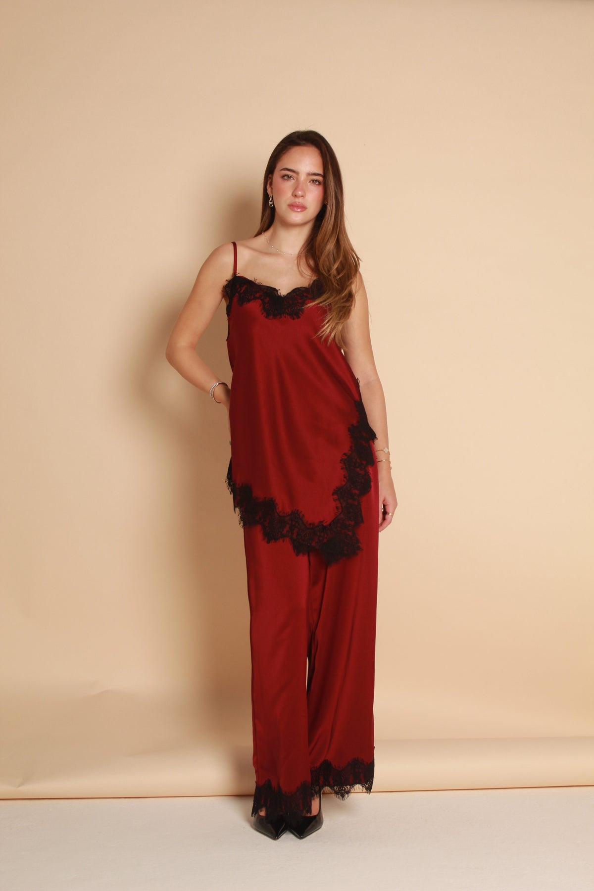 Satin Lace Trim Top — Burgundy & Black