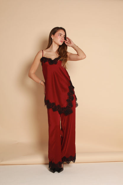 Satin Lace Trim Top — Burgundy & Black