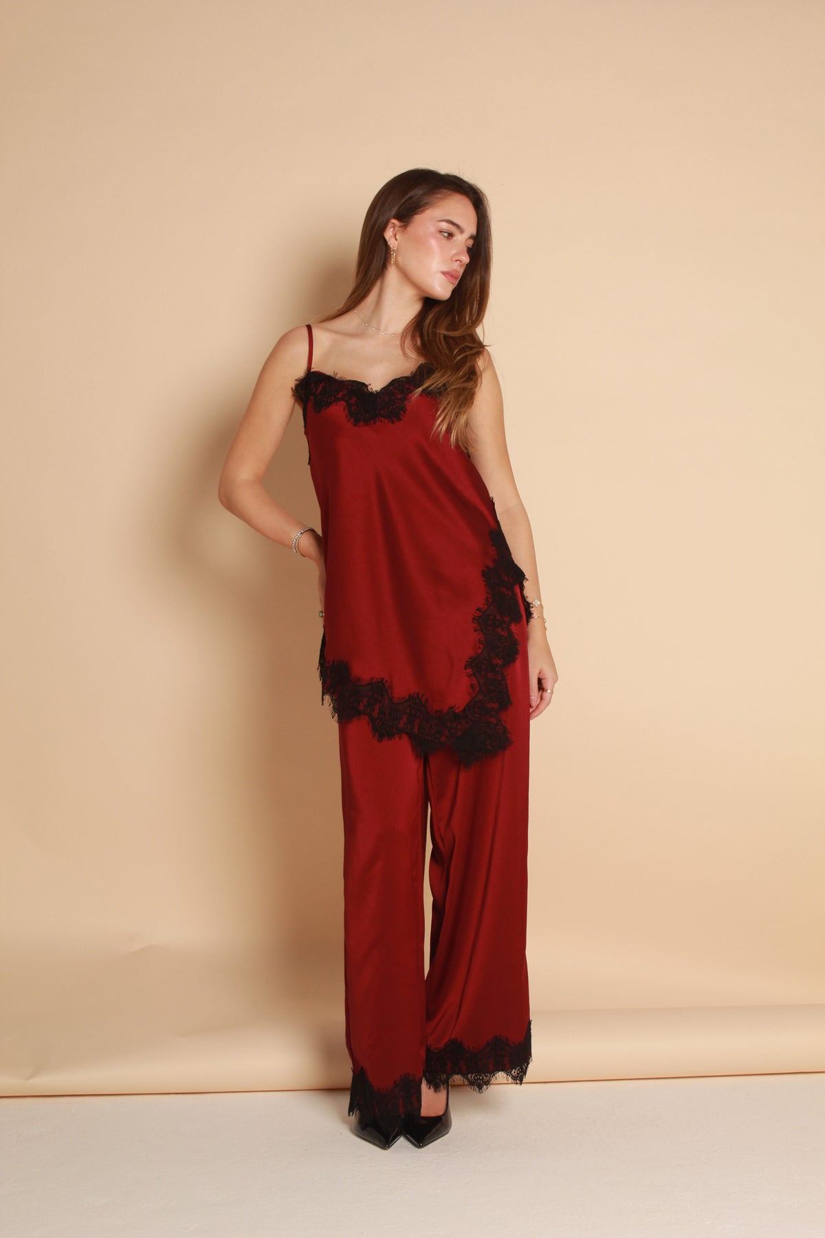 Satin Lace Trim Top — Burgundy & Black