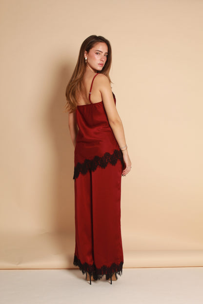Satin Lace Trim Top — Burgundy & Black
